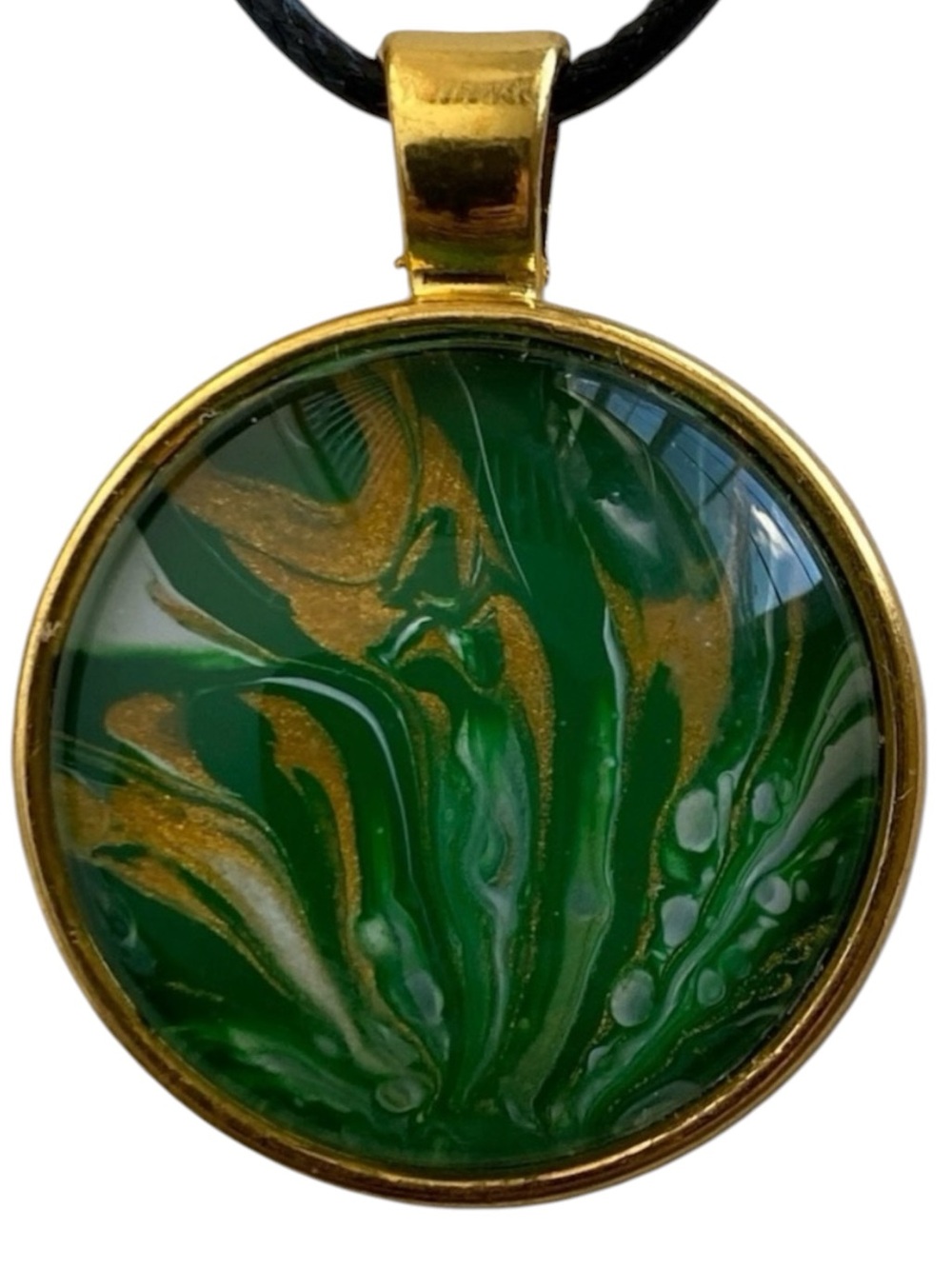 Hand Crafted Fluid Art Necklace Green and Gold Round Pendant by Svetlana Yeung